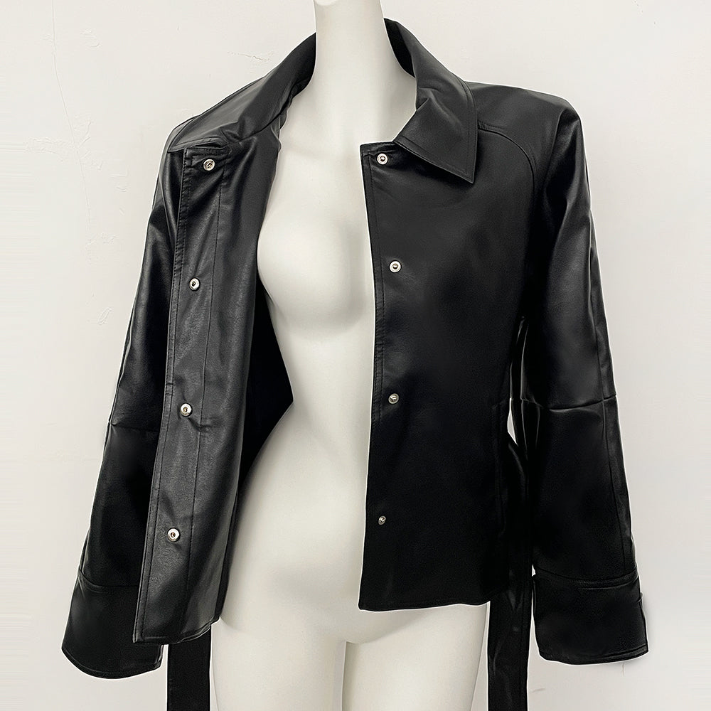 OFTBUY New Women's Lapel Collar Button Faux Leather Jacket Belted Waist Tailored Fit Detail Elegant Fashion Outerwear Female