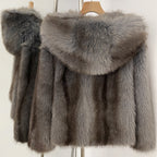OFTBUY Luxury Hooded Faux Fur Jacket - Premium Vegan Silver Fox Style Cropped Winter Coat