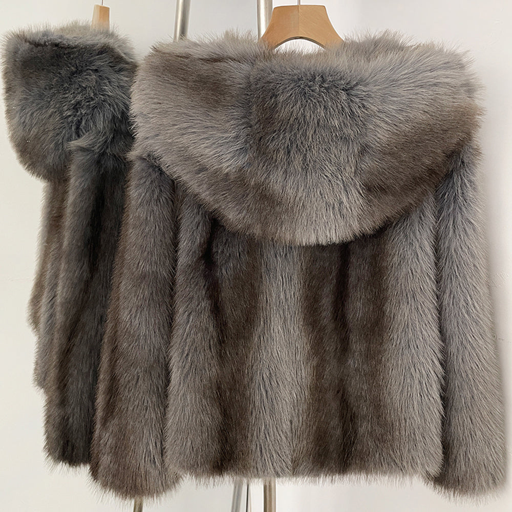 OFTBUY Luxury Hooded Faux Fur Jacket - Premium Vegan Silver Fox Style Cropped Winter Coat