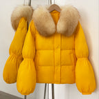 OFTBUY New Winter Loose Top Clothes Women Real Fox Fur Fluffy Puffer Jacket Female Lantern Sleeves Natural Fur Collar Down Coat
