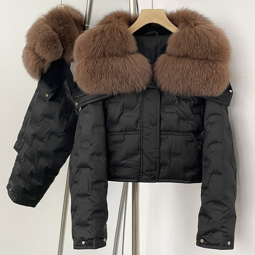 OFTBUY Thickened Warm Fluffy Real Fox Fur Puffer Jacket Women Short Long Sleeve White Duck Down Coat Female New Winter Clothing