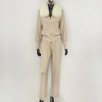 OFTBUY Winter New Women's Knitted Tracksuit Set with Fox Fur Collar Zipper Jacket Wide Leg Pants Luxury Casual Two-Piece Outfit