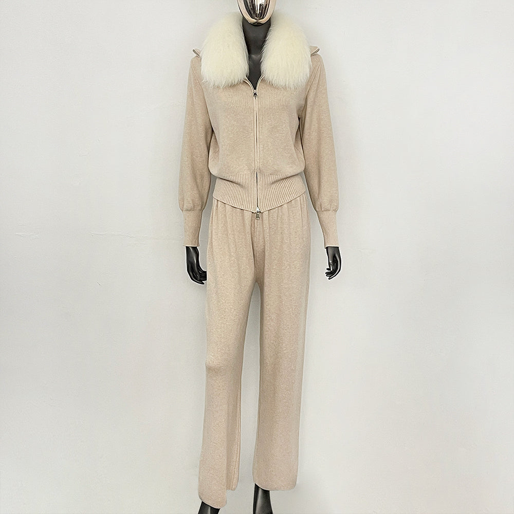 OFTBUY Winter New Women's Knitted Tracksuit Set with Fox Fur Collar Zipper Jacket Wide Leg Pants Luxury Casual Two-Piece Outfit