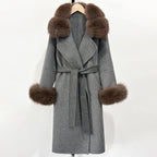 OFTBUY Belted Long Warm Winter Elegant Fashion Outerwear New Women's Double-Faced Wool Coat with Real Fox Fur Collar and Cuffs