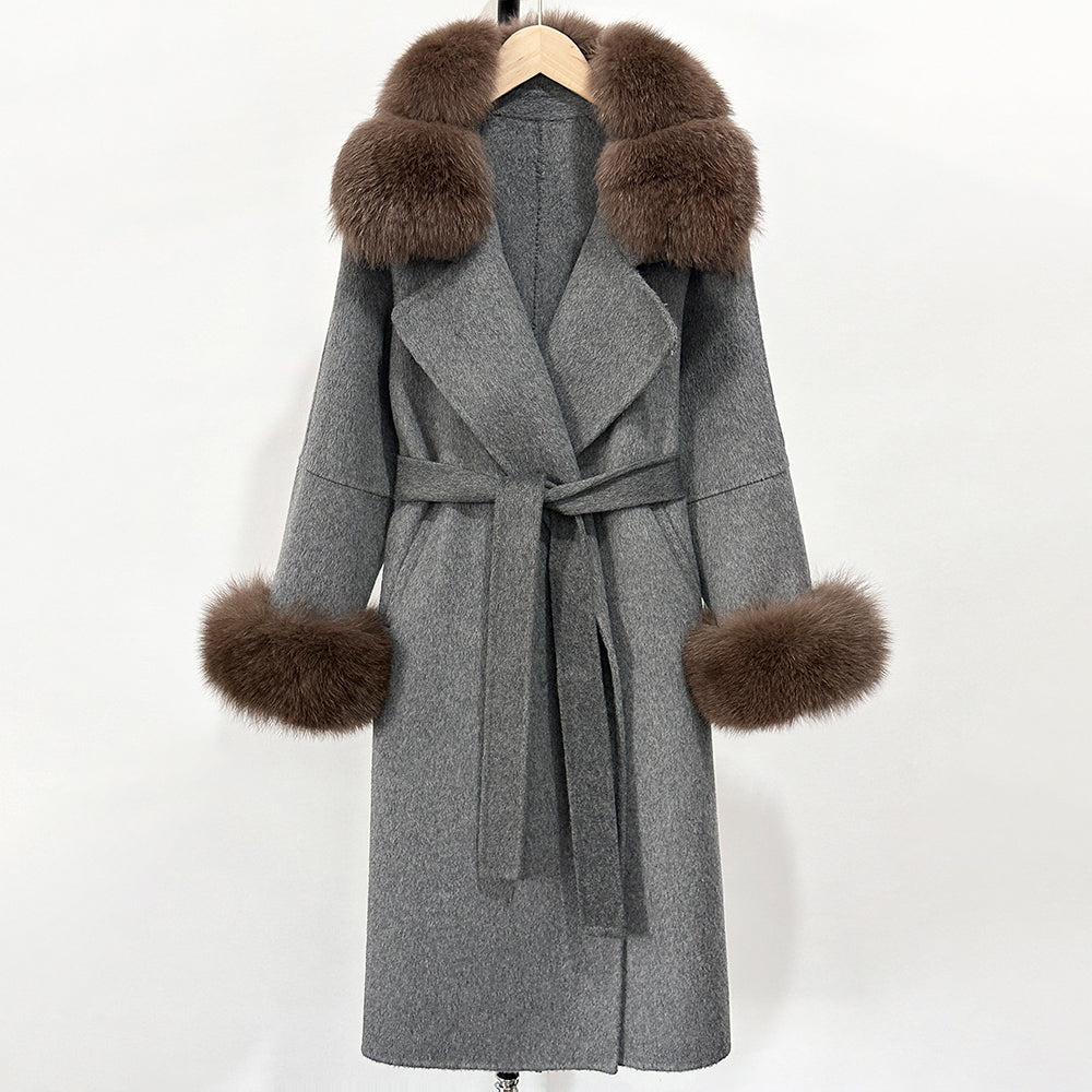 OFTBUY Belted Long Warm Winter Elegant Fashion Outerwear New Women's Double-Faced Wool Coat with Real Fox Fur Collar and Cuffs