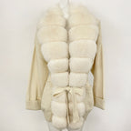 OFTBUY Trim Belted Waist Warm Winter Luxury Fashion Outerwear Sweater Female New Women's Knit Cardigan with Large Real Fox Fur