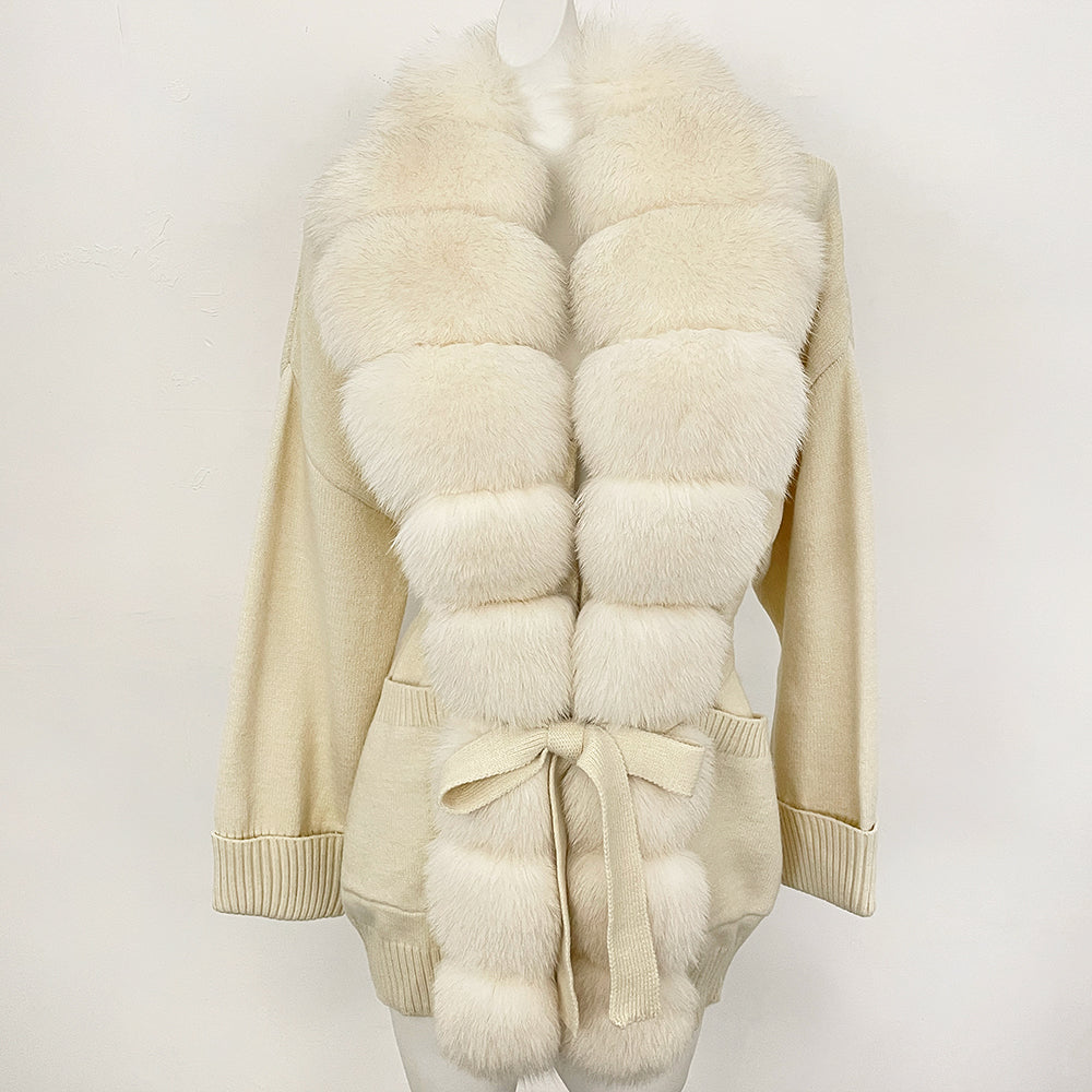 OFTBUY Trim Belted Waist Warm Winter Luxury Fashion Outerwear Sweater Female New Women's Knit Cardigan with Large Real Fox Fur