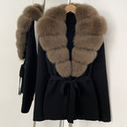 OFTBUY New Autumn Winter Luxury Fashion Outerwear Lady Women's Knit Coat with Large Real Fox Fur Collar Belt Textured Knit Warm