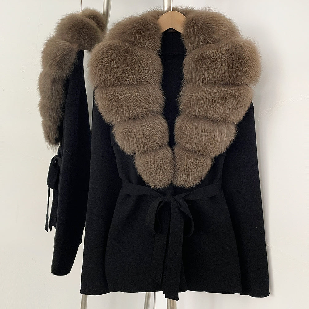 OFTBUY New Autumn Winter Luxury Fashion Outerwear Lady Women's Knit Coat with Large Real Fox Fur Collar Belt Textured Knit Warm