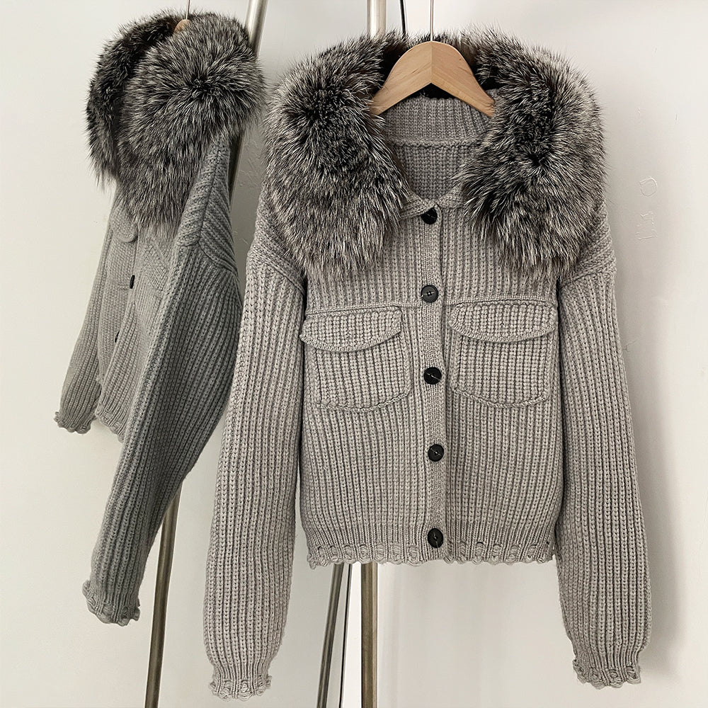 OFTBUY Short Natural Fox Fur Collar Knitted Sweater Coat FemaleReal Fur Clothing New Autumn Winter Knitting Cardigan Women