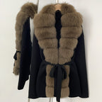 OFTBUY New Women's Knit Cardigan with Oversized Real Fox Fur Trim Self-Tie Belt Sweater Luxury Warm Winter Fashion Outerwear