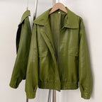 OFTBUY New Autumn Green Faux Leather Jacket Women Loose Long Sleeve Elastic Hem Biker Coat Female PU Leather Overcoat Outerwear