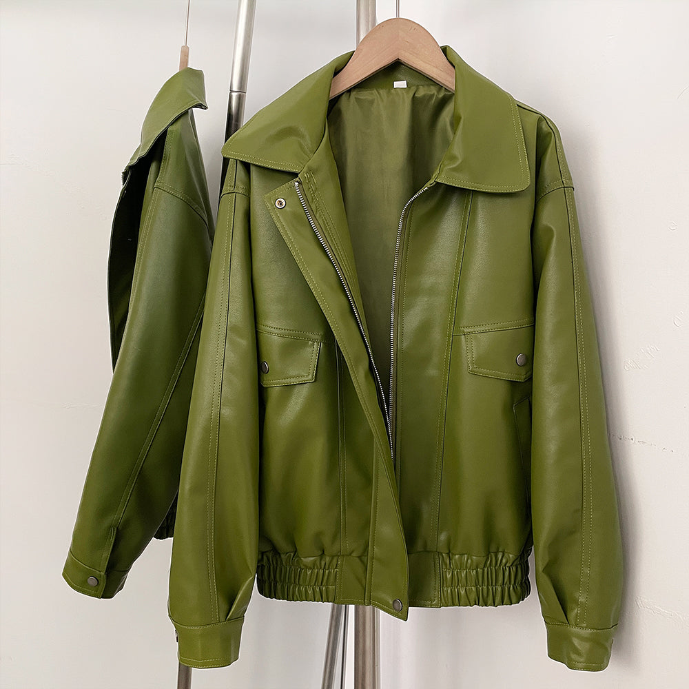 OFTBUY New Autumn Green Faux Leather Jacket Women Loose Long Sleeve Elastic Hem Biker Coat Female PU Leather Overcoat Outerwear