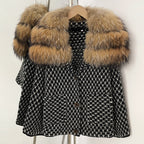 OFTBUY Women's Real Fox Raccoon Fur Collar Houndstooth Knit Cardigan Warm Winter Sweater Coat Female Luxury Elegant Outerwear