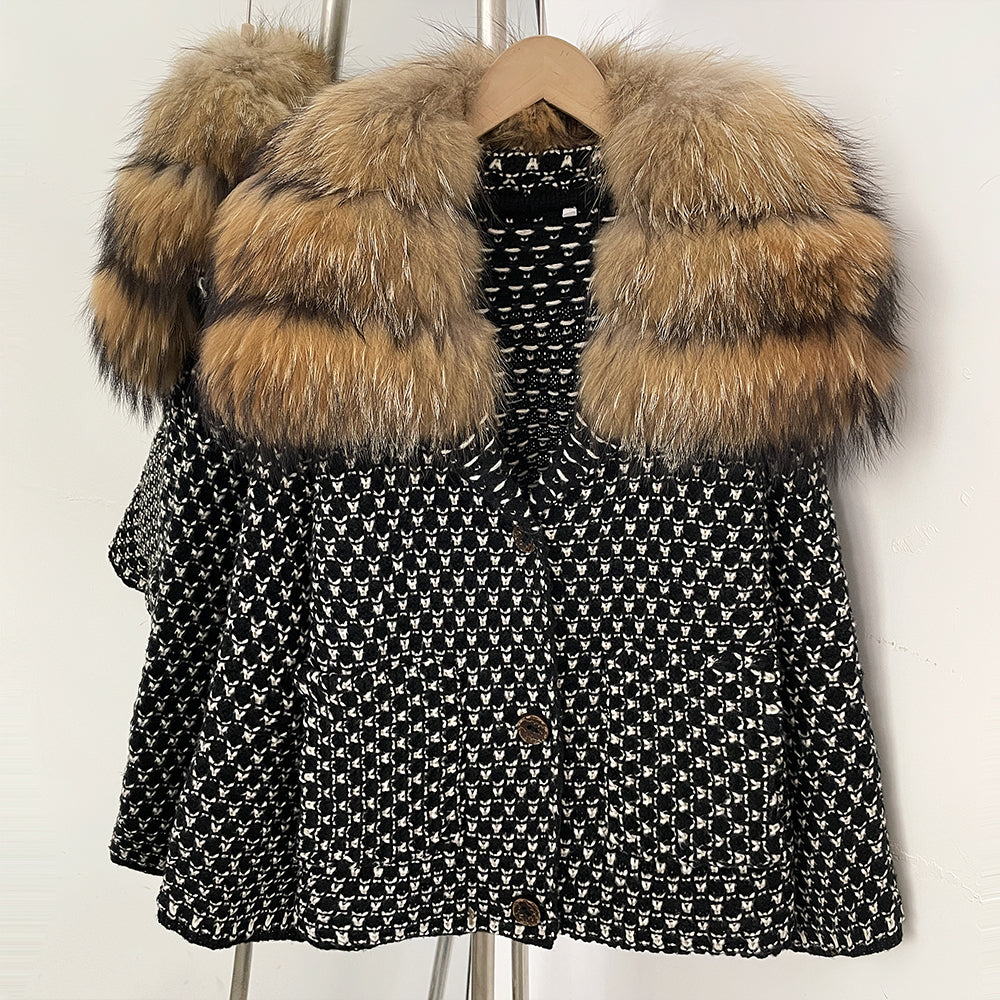 OFTBUY Women's Real Fox Raccoon Fur Collar Houndstooth Knit Cardigan Warm Winter Sweater Coat Female Luxury Elegant Outerwear