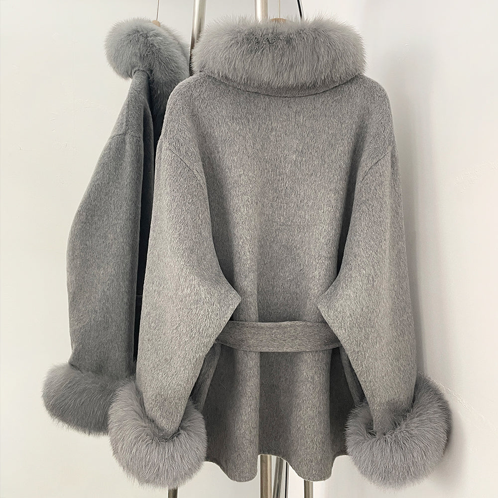 OFTBUY New Women's Wool Coat with Real Fox Fur Collar Cuffs Belted Bow Pockets Warm Winter Elegant Fashion Outerwear Female