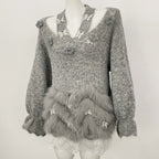 OFTBUY New Spring Autumn Flowers Butterflies Knitting Pullovers Clothes Women Halves Knitted Sweater Female Real Fox Fur Coat
