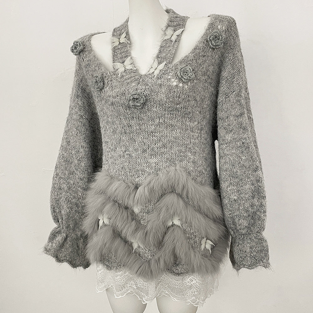 OFTBUY New Spring Autumn Flowers Butterflies Knitting Pullovers Clothes Women Halves Knitted Sweater Female Real Fox Fur Coat