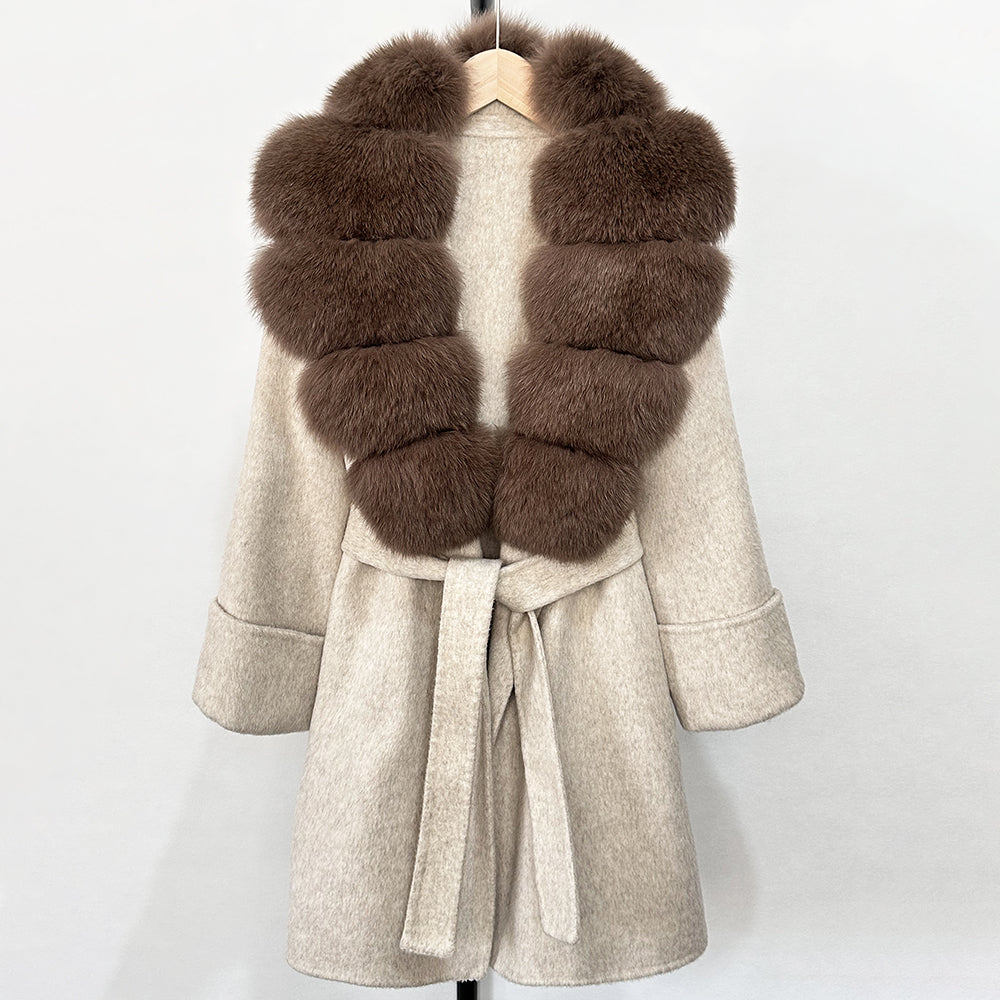 OFTBUY Natural Real Fox Fur Wool Blends Coat Women New Belt Pocket Winter Jacket Female Loose Woolen Outerwear Streetwear