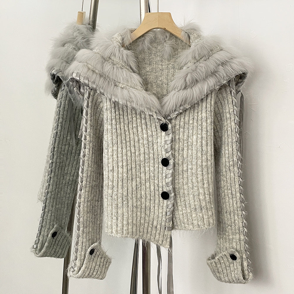 OFTBUY New Spring Autumn Top Cardigan Clothing Female Short Slim Real Fox Fur Knitted Sweater Women Real Fur Knittig Jacket Lady