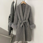 OFTBUY New Women's Double-Faced Wool Coat with Real Fox Fur Cuffs Belted Warm Winter Elegant Fashion Outerwear Wool Jacket Lady