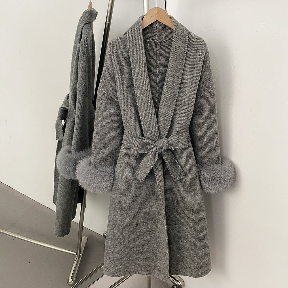 OFTBUY New Women's Double-Faced Wool Coat with Real Fox Fur Cuffs Belted Warm Winter Elegant Fashion Outerwear Wool Jacket Lady