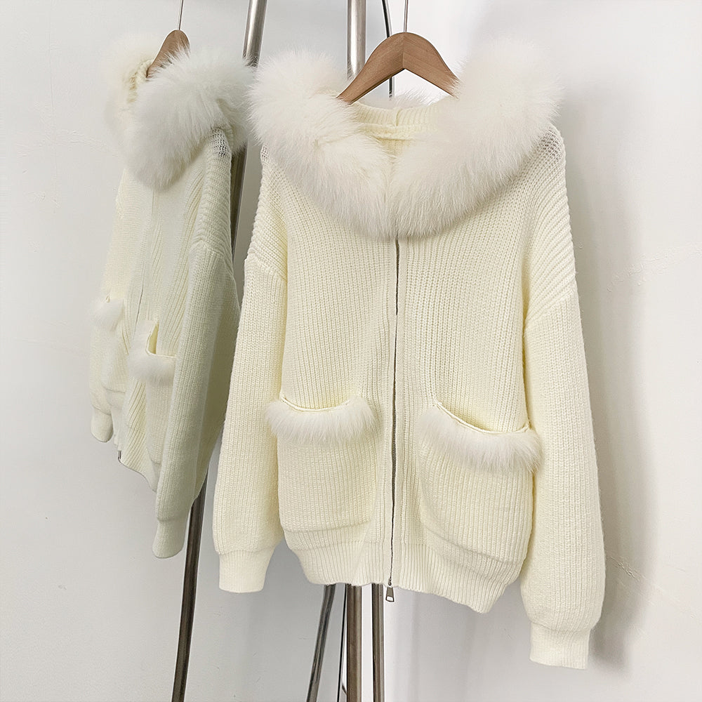 OFTBUY Zipper Pockets Warm Winter Fashion Casual Outerwear Sweater Female New Women's Knit Hoodie with Real Fox Fur Trim