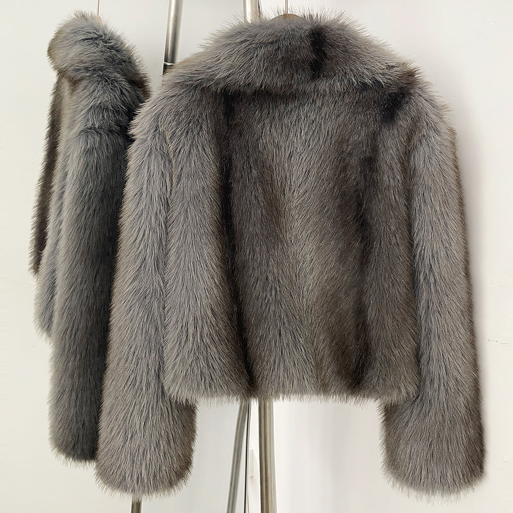 OFTBUY Luxury Oversized Lapel Faux Fur Jacket - Premium Vegan Fur Short Coat for Winter Glamour