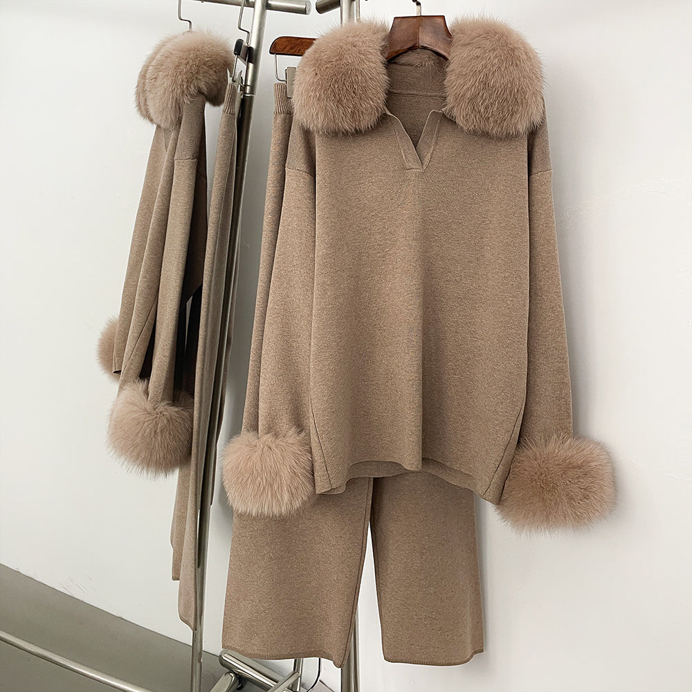OFTBUY New Autumn Winter Clothing Women Fashion Real Fox Fur Collar Sweater Suit Female Raccoon Fur Pullovers Trousers Set Lady