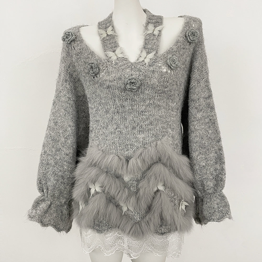 OFTBUY New Spring Autumn Flowers Butterflies Knitting Pullovers Clothes Women Halves Knitted Sweater Female Real Fox Fur Coat