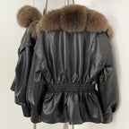 OFTBUY New Women's Faux Leather Jacket with Oversized Faux Fox Fur Elastic Waist Puff Sleeves Coat Luxury Warm Winter Outerwear