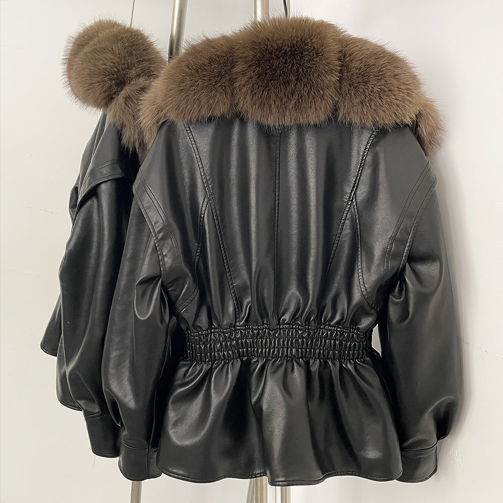 OFTBUY New Women's Faux Leather Jacket with Oversized Faux Fox Fur Elastic Waist Puff Sleeves Coat Luxury Warm Winter Outerwear