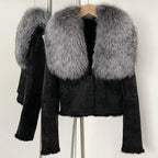 Front view of black luxury suede jacket with real rabbit fur lining and silver fox fur collar