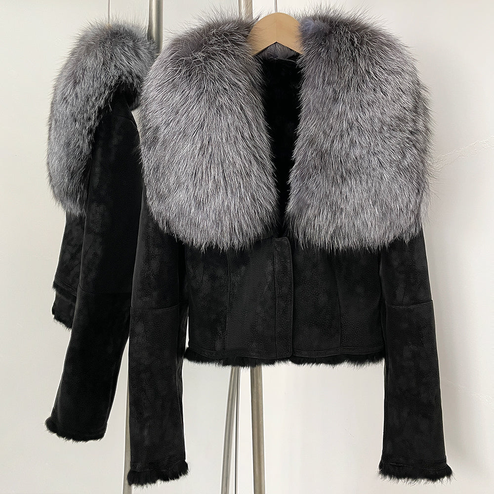 Front view of black luxury suede jacket with real rabbit fur lining and silver fox fur collar