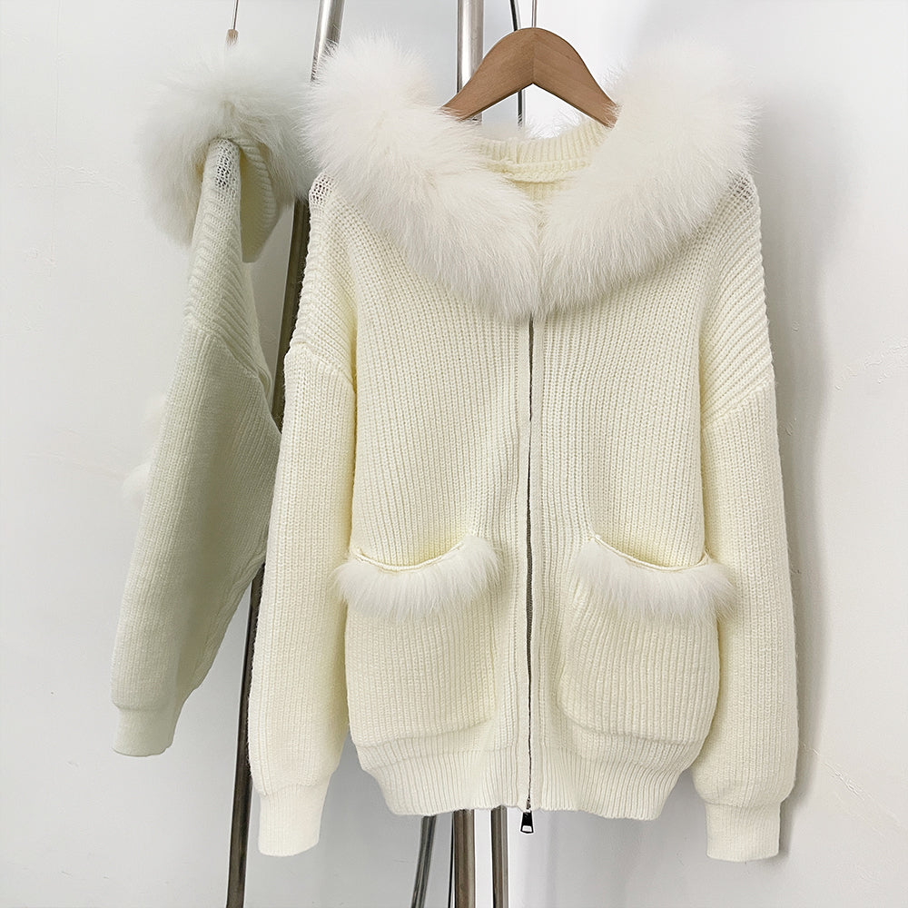 OFTBUY Zipper Pockets Warm Winter Fashion Casual Outerwear Sweater Female New Women's Knit Hoodie with Real Fox Fur Trim
