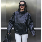 OFTBUY Womens Oversized Faux Leather Bomber Jacket