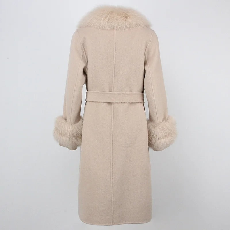 OFTBUY Winter Jacket Women Long Natural Wool Blends Cashmere Real Fur Coat Double Breasted Belt Warm Streetwear New Fashion
