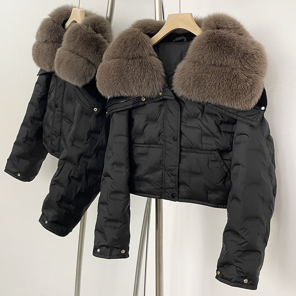 OFTBUY Thickened Warm Fluffy Real Fox Fur Puffer Jacket Women Short Long Sleeve White Duck Down Coat Female New Winter Clothing