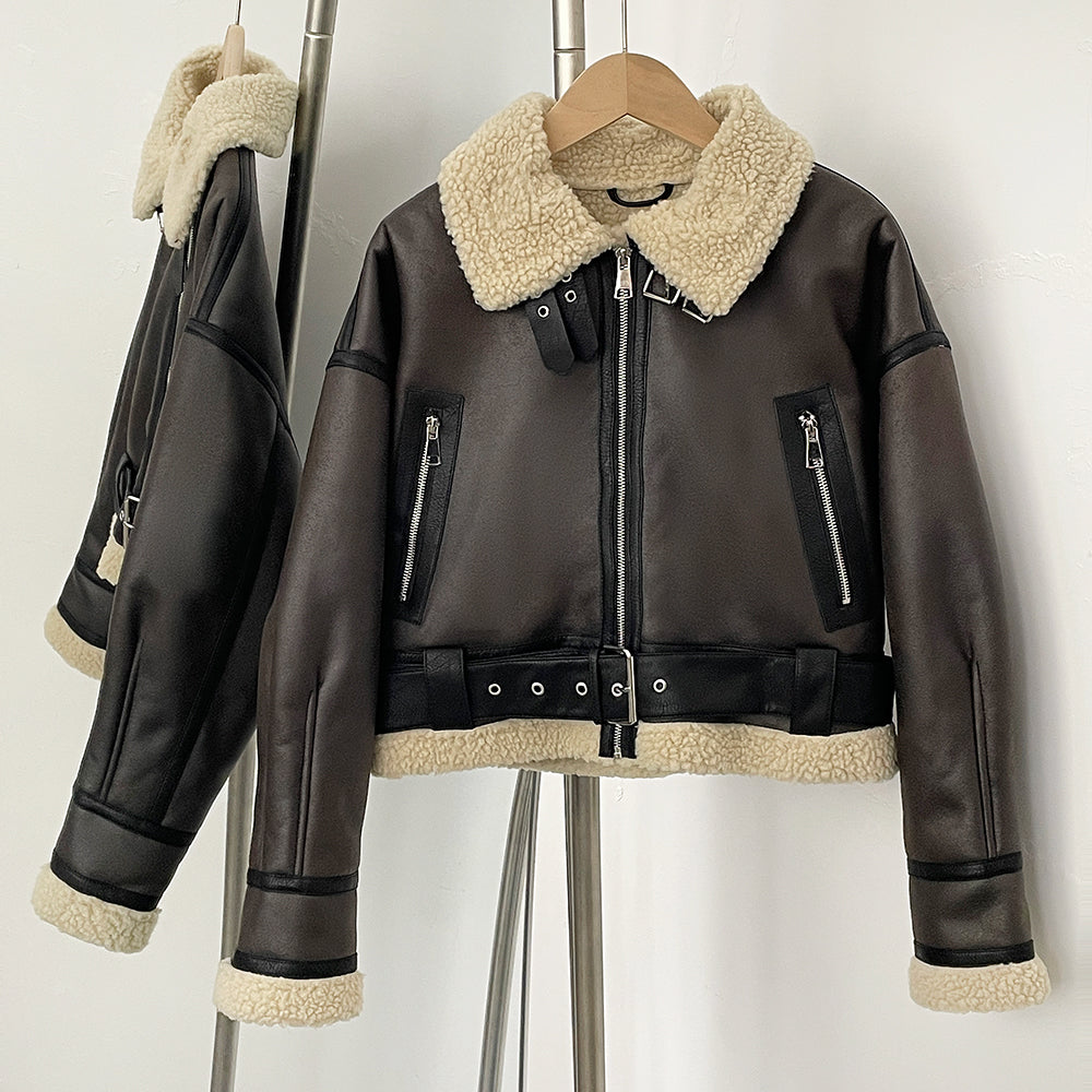 OFTBUY New Winter Clothing Woman's Fashion Thick Warm Faux Fur Shearling Jacket Coat Vintage Long Sleeve Belt Hem Jacket Female