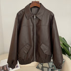 OFTBUY Women's Faux Leather Zip Up Jacket Lapel Collar PU Coat with Pockets new autumn winter Casual Vintage Outerwear female
