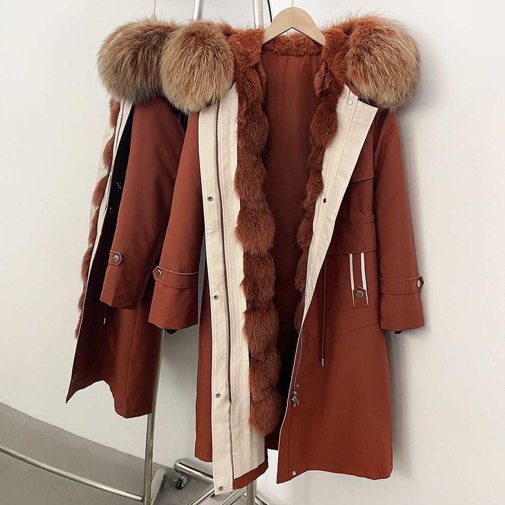 OFTBUY Long Hooded Real Fox Fur Collar Coat Women Waterproof Windproof Natural Rabbit Fur Inner Jacket New Thickened Warm Parker