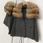 OFTBUY Women's Real Fox Raccoon Fur Collar Houndstooth Knit Cardigan Warm Winter Sweater Coat Female Luxury Elegant Outerwear