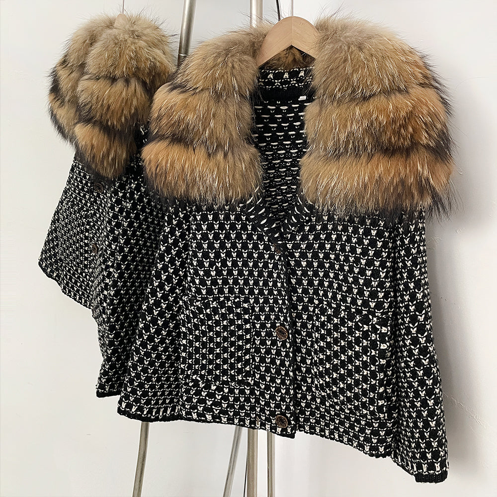 OFTBUY Women's Real Fox Raccoon Fur Collar Houndstooth Knit Cardigan Warm Winter Sweater Coat Female Luxury Elegant Outerwear