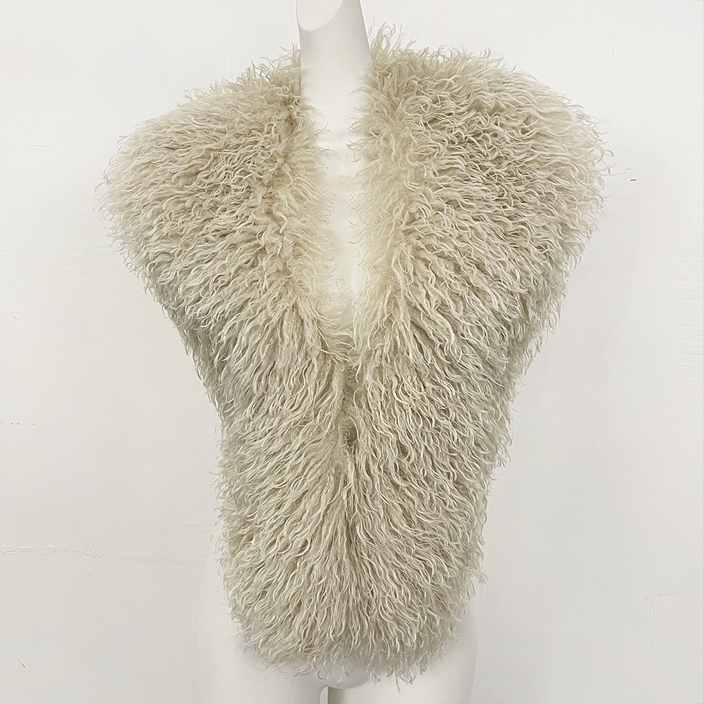 OFTBUY Women's Faux Mongolian Fur Vest Open Front Fluffy Faux Fur Waistcoat with Back Tie New Autumn Winter Outerwear Female