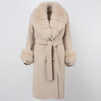 OFTBUY Winter Jacket Women Long Natural Wool Blends Cashmere Real Fur Coat Double Breasted Belt Warm Streetwear New Fashion