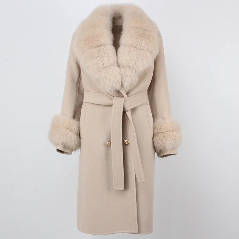 OFTBUY Winter Jacket Women Long Natural Wool Blends Cashmere Real Fur Coat Double Breasted Belt Warm Streetwear New Fashion
