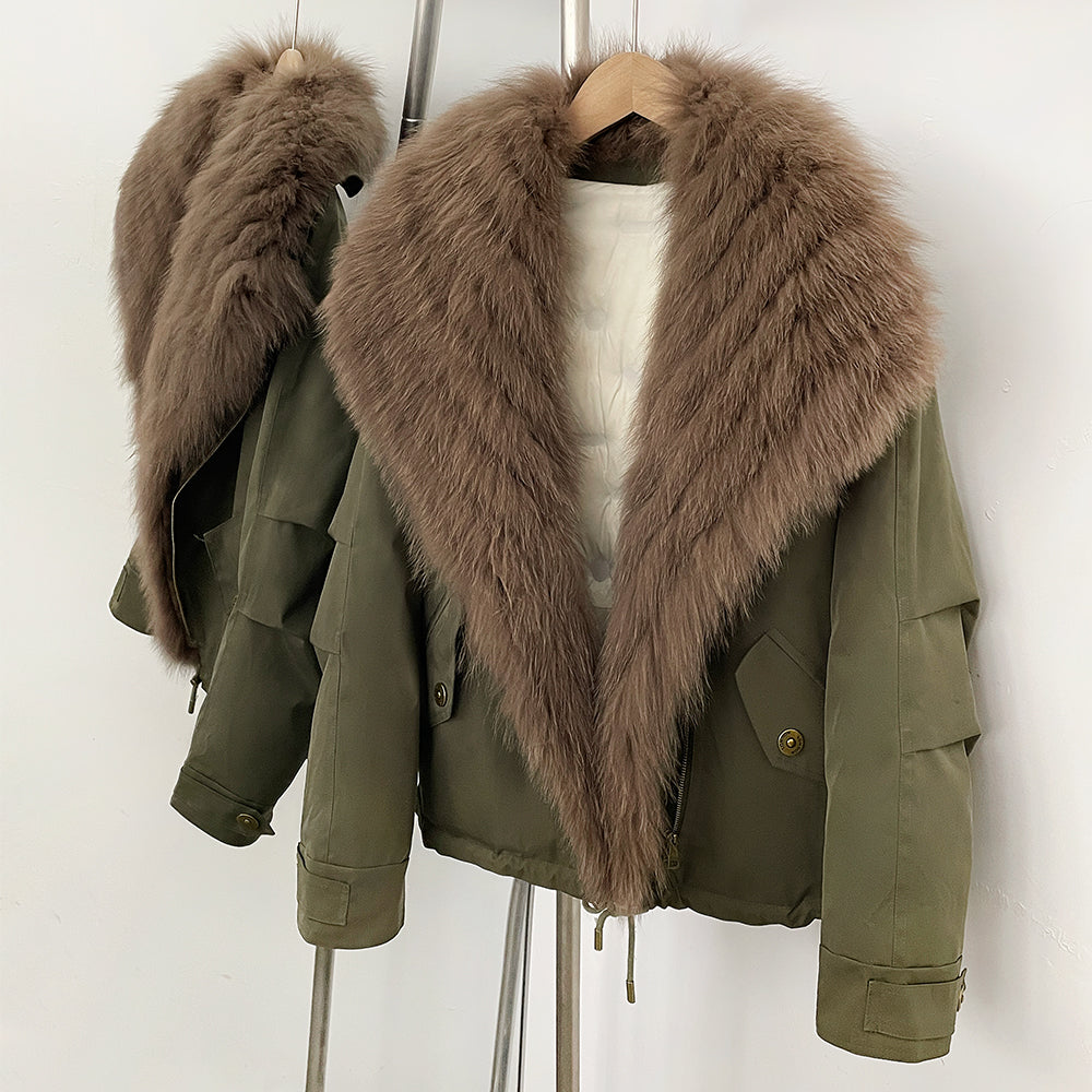 OFTBUY Luxury Wide Real Fox Fur Collar 90% Duck Down Short Parka Jacket - Cargo Pocket Windproof Down Coat