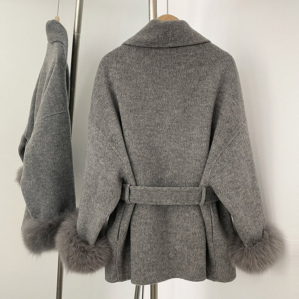OFTBUY High End Double-sided Wool Strapping Real Wool Fur Coat Women's Removable Cuffs Fox Fur Temperament Cashmere Short Jacket