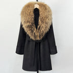OFTBUY Natural Real Fox Fur Wool Blends Coat Women New Belt Pocket Winter Jacket Female Loose Woolen Outerwear Streetwear