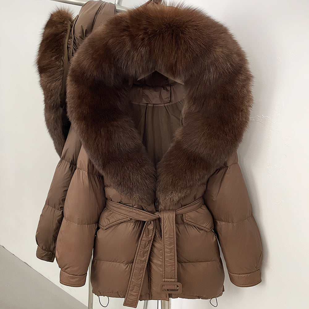 OFTBUY Thick Warm Mid-Long Puffer Coat Real Fox Fur Collar White Duck Down Coat Female Loose Warm Hooded Parkas With Belt
